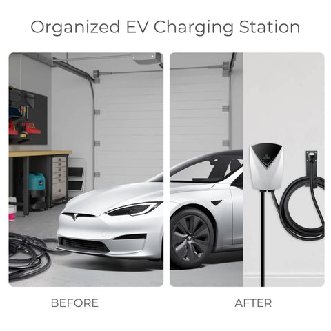 Before and after of Tesla NACS Electric Vehicle Charger Nozzle Holster Dock And J Hook For Cable Management in a garage