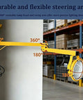 Rugged Dockside LED Work Light 30W With Rotating Head, IP65 Waterproof, Clear Glass Lens, Fully Sealed Housing, 5500 Lumens, 45-Inch Foldable Arm, Ideal For Docks, Containers And Yard Jobs. Yellow swing-arm dock light mounted on warehouse wall, 360° head rotation