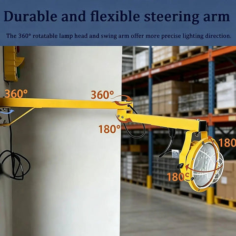 Rugged Dockside LED Work Light 30W With Rotating Head, IP65 Waterproof, Clear Glass Lens, Fully Sealed Housing, 5500 Lumens, 45-Inch Foldable Arm, Ideal For Docks, Containers And Yard Jobs. Yellow swing-arm dock light mounted on warehouse wall, 360° head rotation