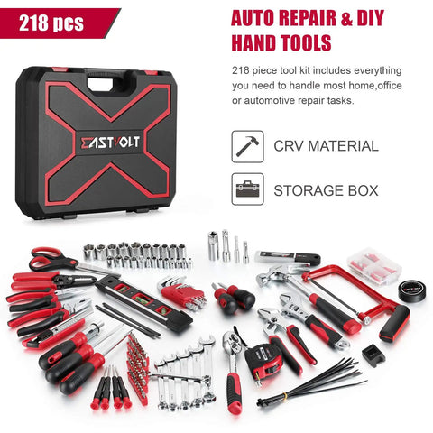Built Tough 218 Piece Tool Kit For Homeowners And Auto Repair Featuring Heat Treated Chrome Wrenches Sockets Pliers Screwdrivers And Compact Case Black Red