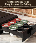 Under-Cabinet Coffee Pod Organizer Drawer For Keurig K-Cups, Ultra Compact 3-Drawer Holder, open showing K-Cups, brick background.