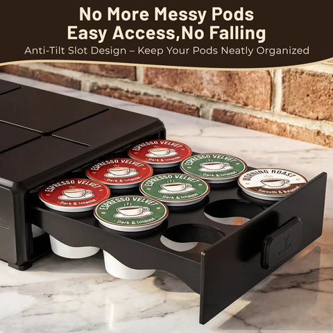 Under-Cabinet Coffee Pod Organizer Drawer For Keurig K-Cups, Ultra Compact 3-Drawer Holder, open showing K-Cups, brick background.