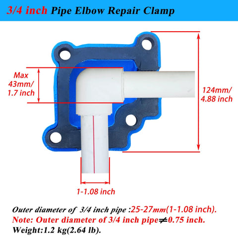 Pipe Repair Clamp For Three Quarter Inch Pipe Elbow Fits 1 OD Pipes And Works With 90 Degree Elbows Leak Sealer with measurements