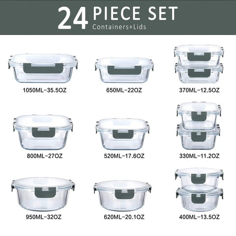 Glass Food Storage Set With 24 Pieces And Upgraded Snap Lock Lids for Meal Prep, various container sizes displayed.