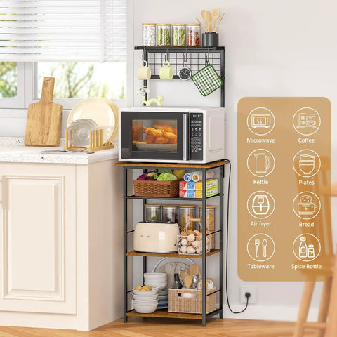5 Tier Coffee Bar Station With 4 S Shaped Hooks Farmhouse Corner Kitchen Cabinet For Small Spaces Bakers Rack in kitchen