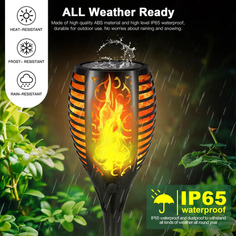 Close-up of Six Pack 51 LED Solar Torch Lights With Flickering Flame 23 Inch Tall Outdoor Garden Yard Pathway Tiki Torches Waterproof
