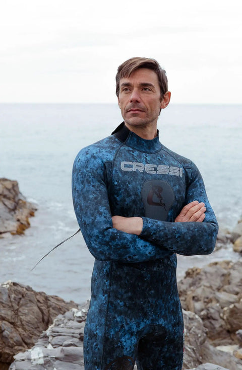 Man wearing Tokugawa 3mm Wetsuit For Spearfishing And Freediving With Blue Camouflage Nylon One Piece, Lightweight Flexible Fit Size XL