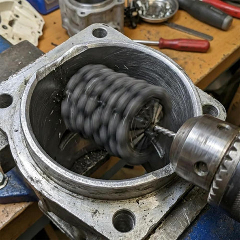Cylinder hone tool, 3-inch flexible bore brush, 240-grit silicon carbide, inside engine cylinder bore with drill chuck
