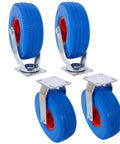 No More Flat Tire Headaches Hey Heavy Duty 10 Inch Flat Free Caster Set 2 Swivel 2 Rigid blue rubber wheels with steel hubs.