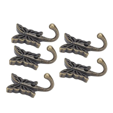 5 Piece Heavy Duty Vintage Wall Coat Hooks With Pre Drilled Holes And Mounting Screws, ornate butterfly design, sturdy zinc material.