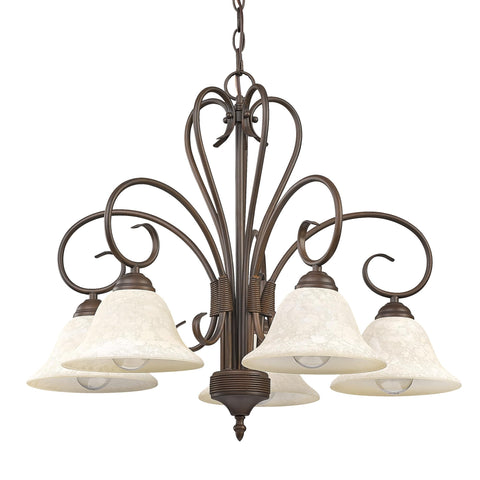 Homestead Rubbed Bronze Chandelier With Warm Tea Stone Glass for dining room ceiling light, five-light fixture display.