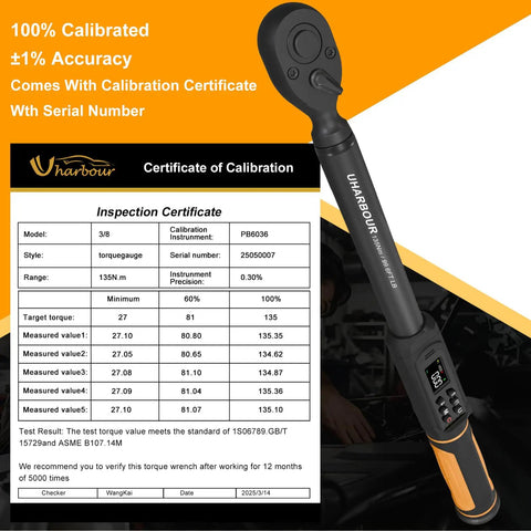 Image of a Digital Torque Wrench Three Eighths Inch Drive With Wide Range 1.5 To 99.5 Foot Pounds 6.8 To 135 Newton Meters, Dual Direction Ratchet, Plus Or Minus 1 Percent Accuracy, Vibration Alert, Buzzer And LED Readout, Pro Grade Auto And Motorcycle Tool with a calibration certificate.