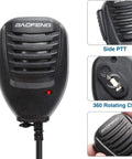 Two Way Radio Speaker Microphone With Rotatable Clip, 3ft Cable, dual 3.5mm earphone jack, side PTT button, 360 rotating clip