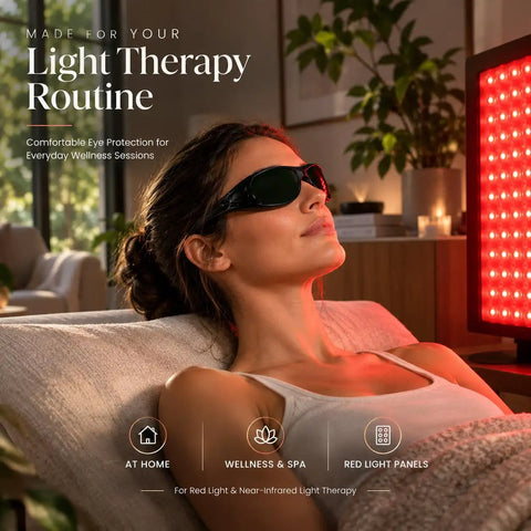 Straight Up Rock Solid Red Light Therapy Glasses And Eye Protection Goggles For 660nm 850nm Nir Block Harsh Glare With Heavy Duty Od3 Plus Lens Keeping Your Peepers Safely Locked During Daily Sessions, worn indoors beside a red light therapy panel.