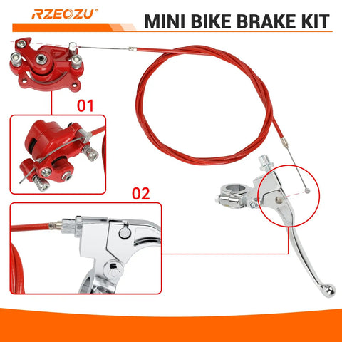 80cc Mini Bike Throttle Cable And Brake Kit with red cable, silver lever, and caliper for Mega Moto MMB80 MMB105 and more.