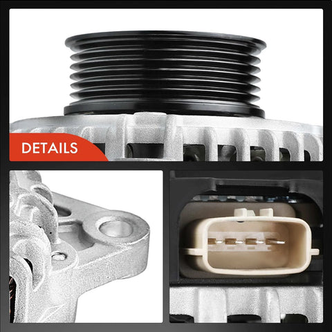 Close-up details of 110 Amp 12V Alternator For Mitsubishi Lancer 2004 2005 2006 2.4L And Outlander 2003 2004 2005 2006 6 Groove Pulley Clockwise Replacement Part OEM Grade 1800A064 MN183450 showing pulley, mounting, and connector