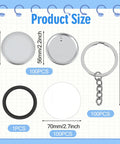 100 Sets Button Maker Kit With 58mm Shells And 1.98 Inch Keychain Rings, size chart including shells and keychain measurements.