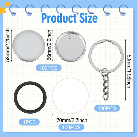 100 Sets Button Maker Kit With 58mm Shells And 1.98 Inch Keychain Rings, size chart including shells and keychain measurements.