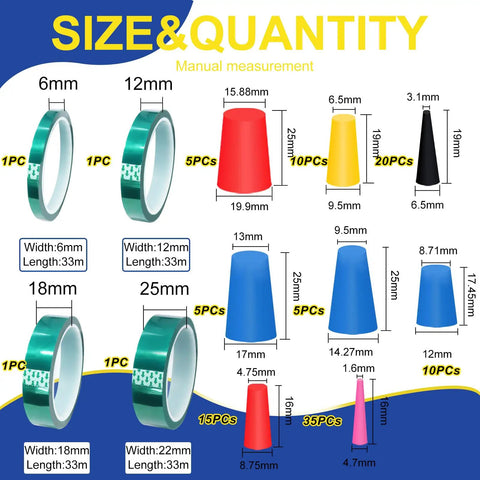 Heavy Duty 109 Piece Silicon Rubber Tapered Plug Assortment With Green PET Masking Tape For Powder Coating Painting Hydro Dipping And Media Blasting Protect Holes Like A Pro sizes shown