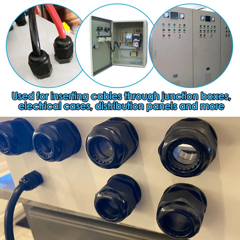 45 Piece Cord Grip Cable Glands Kit Waterproof Adjustable NPT Glands shown in electrical setups with PA66 nylon connectors