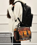 Person carrying North American Desert Cowboy Insulated Lunch Bag with buckle handle attached to a black backpack