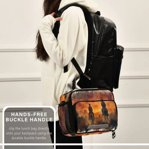 Person carrying North American Desert Cowboy Insulated Lunch Bag with buckle handle attached to a black backpack