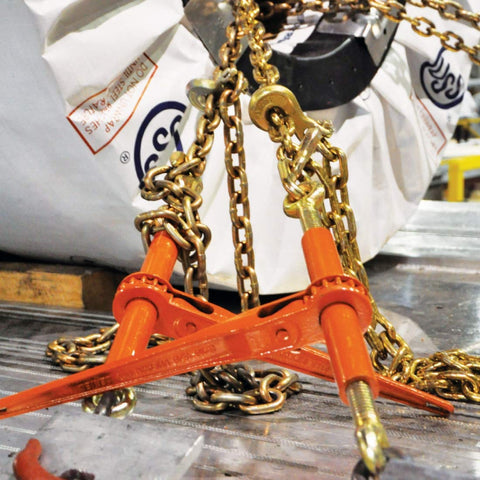 Grade 70 Three By Eight Inch Chain And Binder Kit With Two Chains And Two Binders For Flatbed Hauling Visible in Use