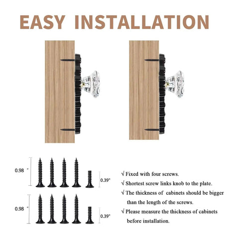 Diagram showing installation of Vintage Crystal Glass Door Knobs Set Of 2 5.5 Inch Height Antique Brass Cabinet Knobs.