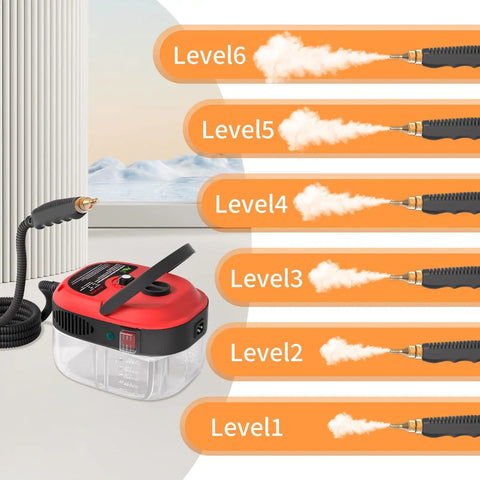 Handheld Pressurized Steam Cleaner 2500W Beast Power Home Cleaning Tool shown with six steam levels on orange background