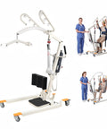 2-in-1 Electric Patient Lift For Seniors With 420 Lbs Capacity Dual Stand Assist And Full Body Suspension Mobility Aid shown in use with a caregiver and elderly user.