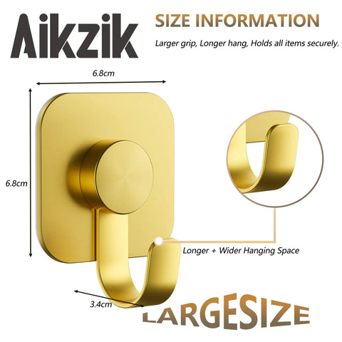 Heavy Duty Adhesive Wall Hooks In A Dope Four Pack, Stainless Steel Stick On Hangers With Badass Grip For Bathrooms And Kitchens, Waterproof And Super Fast To Put Up On Any Wall Or Door Without Drilling, Classic Gold Finish, showing size details at 6.8cm.