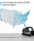 Nacs To Ccs1 Adapter With Secure Interlock For Tesla Superchargers next to a map showing nearly 30,000 Supercharger locations.