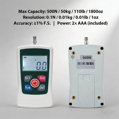 Pro Grade All In One 500N Digital Force Gauge And Manual Test Stand Kit With Push Pull Load Gauge Four Unit Readouts N Lb Kg Oz 250mm Stroke Test Clamp For Tension Tests In Lab School Industry, front and back view