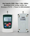 All In One 500N Digital Force Gauge And Manual Test Stand Kit With N Lb Kg Oz Units Nine Point Eight Inch Stroke Dual Clamp Test Stand For Tension And Compression Great For Lab School And Industrial Testing. front and back view, 500N digital force gauge