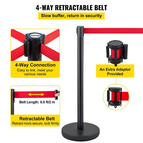 Six Piece Crowd Control Stanchion Set With 6.6 Feet Red Retractable Belt Rubber Base Easy Connect Assembly Features