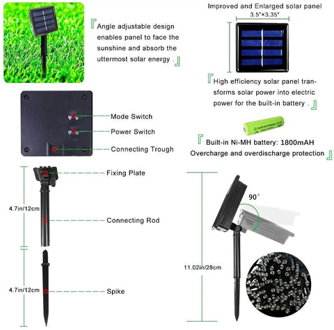 Diagram of Two Pack 240 LED Solar String Lights Outdoor Waterproof With 8 Modes And Memory Auto On Off parts and installation steps.