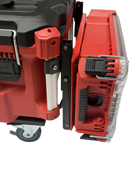 Foldable Side Mount Rack For Milwaukee Packout System, Heavy Duty Side Storage Organizer, red units attached, close-up view