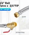 Three Quarters Inch Flexible Water Heater Hoses Kit 24 Inch Stainless Braided Connectors with ball valve, push to connect