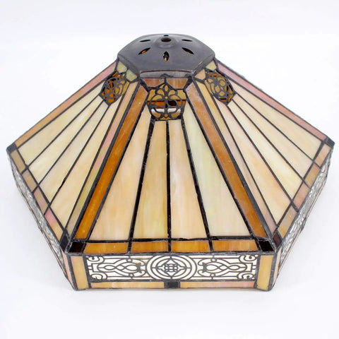 Hexagon stained glass shade for Tiffany Hexagon Yellow Stained Glass Table Lamp In Mission Style With Zinc Bronze Base, 16 Inch