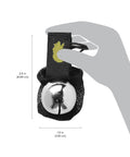 Bear Bell With Magnetic Silencer For Hiking Safety And Wildlife Awareness, shown held in hand with dimensions labeled