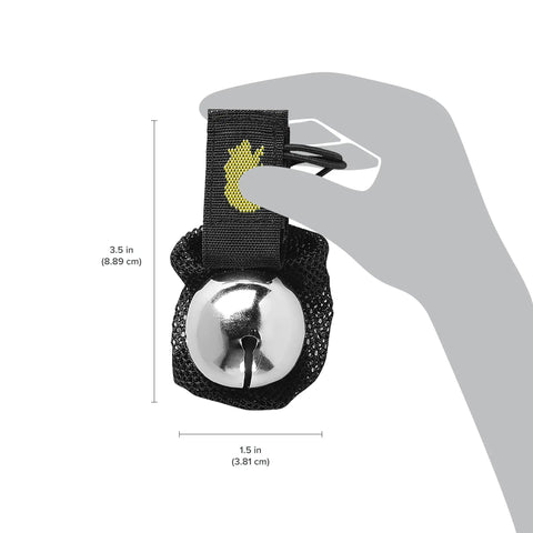 Bear Bell With Magnetic Silencer For Hiking Safety And Wildlife Awareness, shown held in hand with dimensions labeled