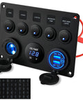 5 Gang 12V Marine Rocker Switch Panel With Waterproof Build, USB Touch Switch And Dual QC3 USB Ports For Boats, Power Saver Toggle, Blue LED Indicator, black panel
