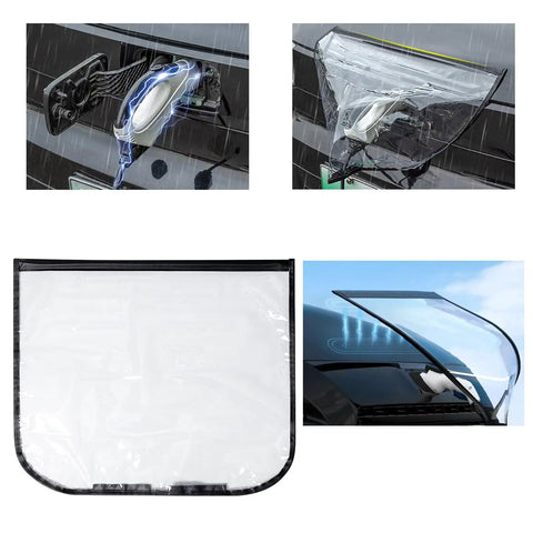 Heavy Duty Ev Charger Port Cover Waterproof Electric Car Plug Protector in rain shielding the EV charging port with clear design.