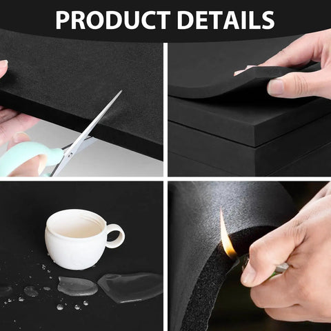 Heavy Duty Self Adhesive Neoprene Closed Cell Foam Sheet For Badass DIY Builds And Crafts With Hella Stick Power And A Nasty Waterproof Seal In Black Measuring 12 By 59 Inches, being cut and showing waterproof capabilities.