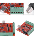 4 Axis CNC Motion Controller Board for Stepper or Servo Motors, high-speed USB drive, green connectors, close-up view.
