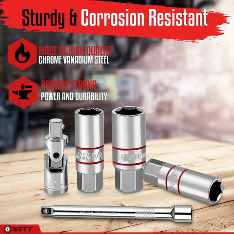 Twelve Piece Spark Plug Socket Set With Three Eighths Inch Drive Ratchet Handle Mirror Polished Sockets in chrome vanadium steel