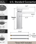 Dimensions and features of Chrome Single Hole Bathroom Sink Faucet With One Handle, Solid Brass Construction, lead free, cUPC NSF Certified.