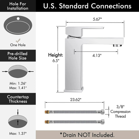 Dimensions and features of Chrome Single Hole Bathroom Sink Faucet With One Handle, Solid Brass Construction, lead free, cUPC NSF Certified.