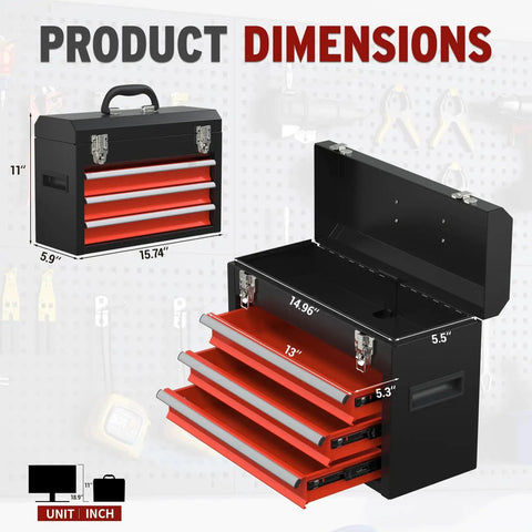 Three Drawer Portable Steel Toolbox With Locking System, dimensions shown, open and closed views, black red finish