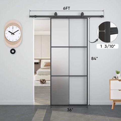 Privacy Glass Barn Door 36x84 Inches With 6 Foot Sliding Hardware Kit Included Aluminum Alloy Frame Frosted Tempered Glass